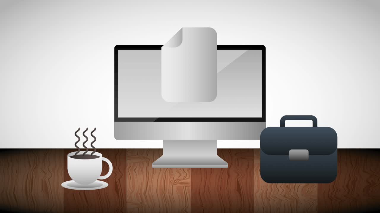 스크린에 종이 모니터 브리프케이스 나무 테이블에 뜨거운 커피 컵