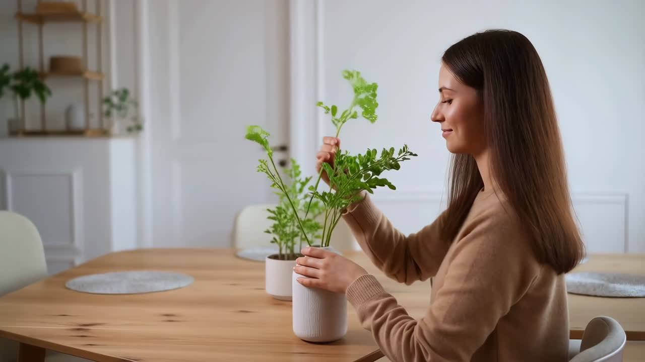 Woman Arranging Houseplants on a Wooden Table