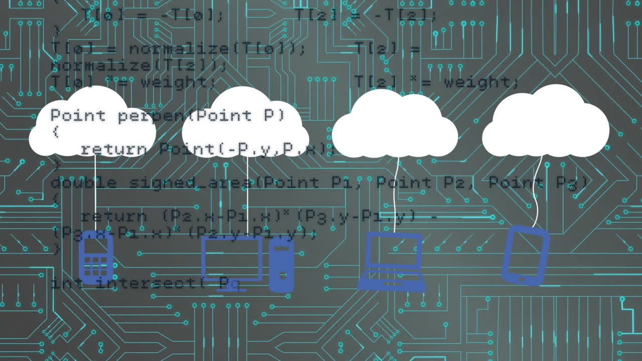 통합 회로를 통해 컴퓨터 아이콘과 구름의 애니메이션