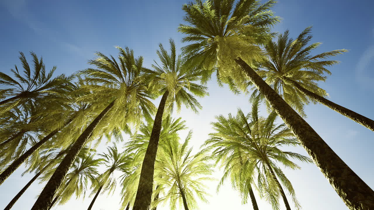 Palm trees touch the bright sky in a tropical landscape under the sun