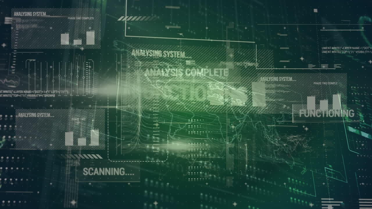 Animation of computer language over texts, map, graphs, loading bars, globe on abstract background