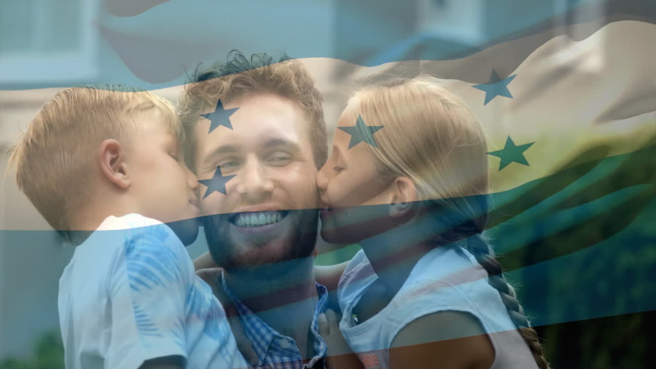 공원에서 포옹하는 아이들과 함께 백인 아버지 위에 온두라스 발의 애니메이션