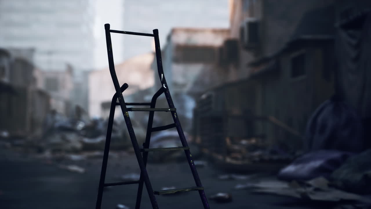 외로운 의자는 외로움을 불러일으키는 황폐한 도시 풍경에 서 있습니다.