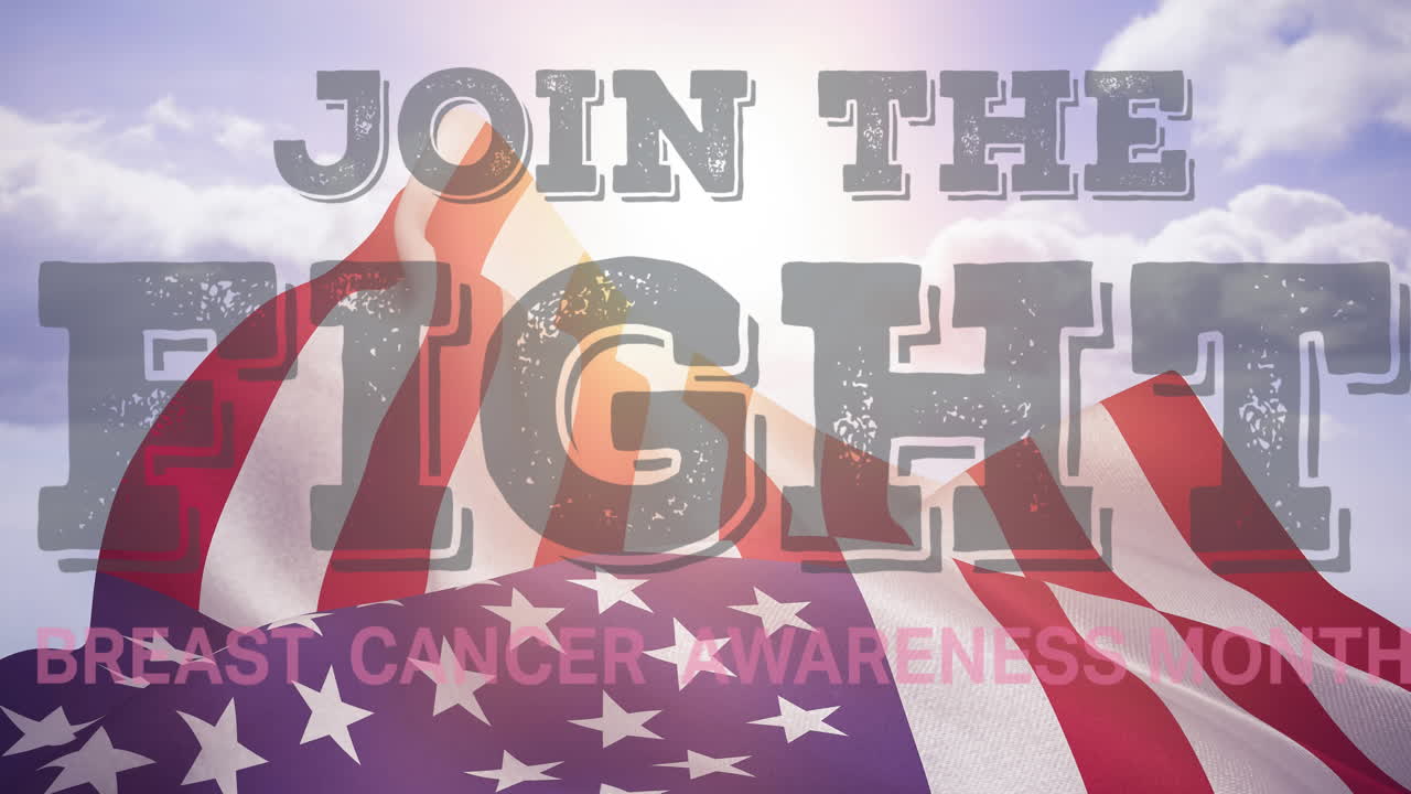 미국 국기 위에 있는 유방암 텍스트의 애니메이션