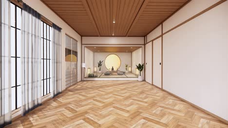 the interior with circle window wooden design idea of room japan and tatami mat. 3d rendering