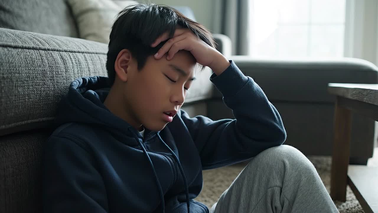 小孩坐在地上，靠著沙發，手扶額頭，在室內感到不適和疲倦。