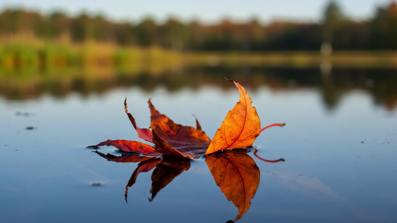 A Serene Reflection of Autumn: Colorful Leaves Floating Gently on Still Water, Capturing the Tranquility of Nature's Seasonal Transition