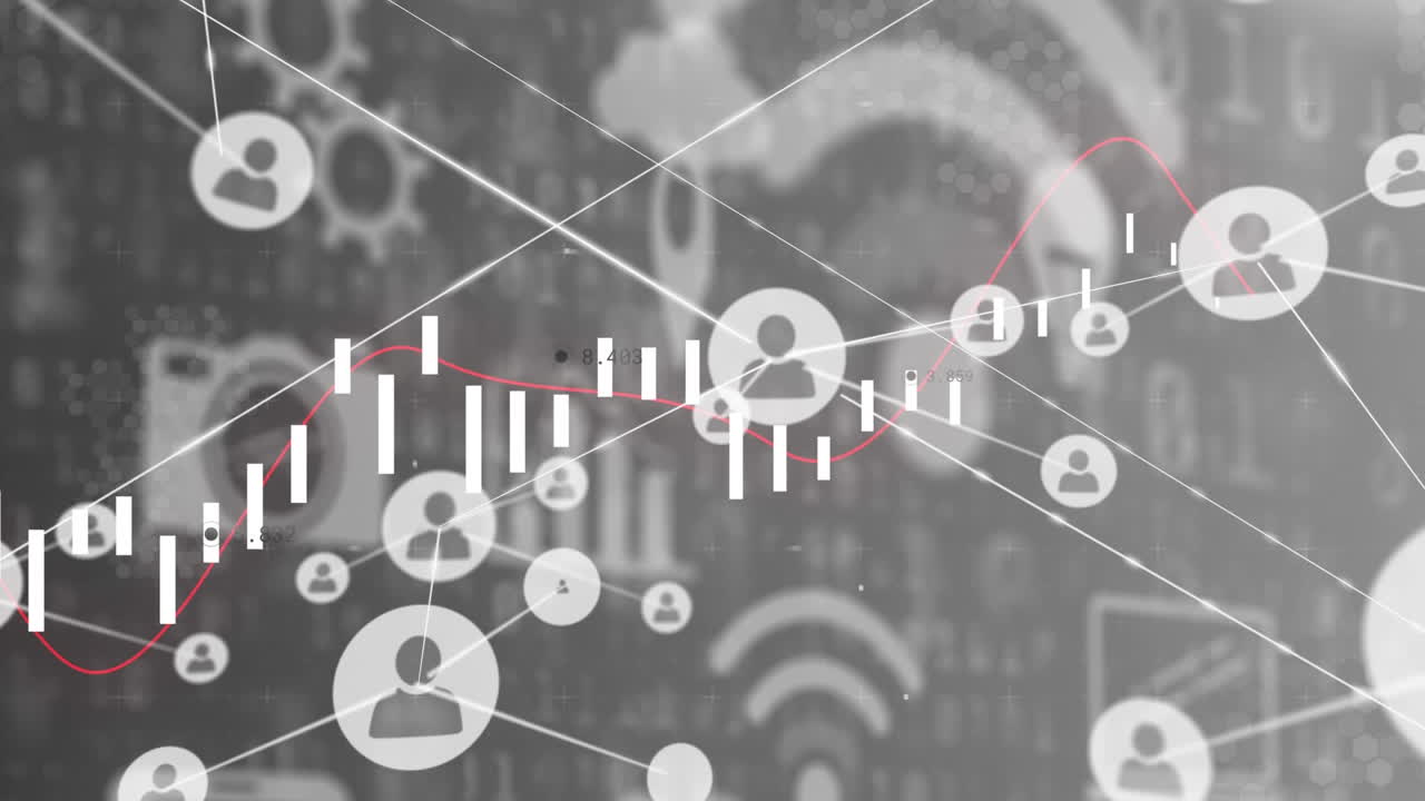 회색 배경에  ⁇ 색으로 미디어와 연결된 사람 아이콘을 보여주는 인터페이스의 애니메이션