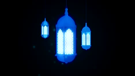 glowing celebration lantern hanging from ceiling on dark background. ramadan kareem islamic motion background. 3d loopable animation.