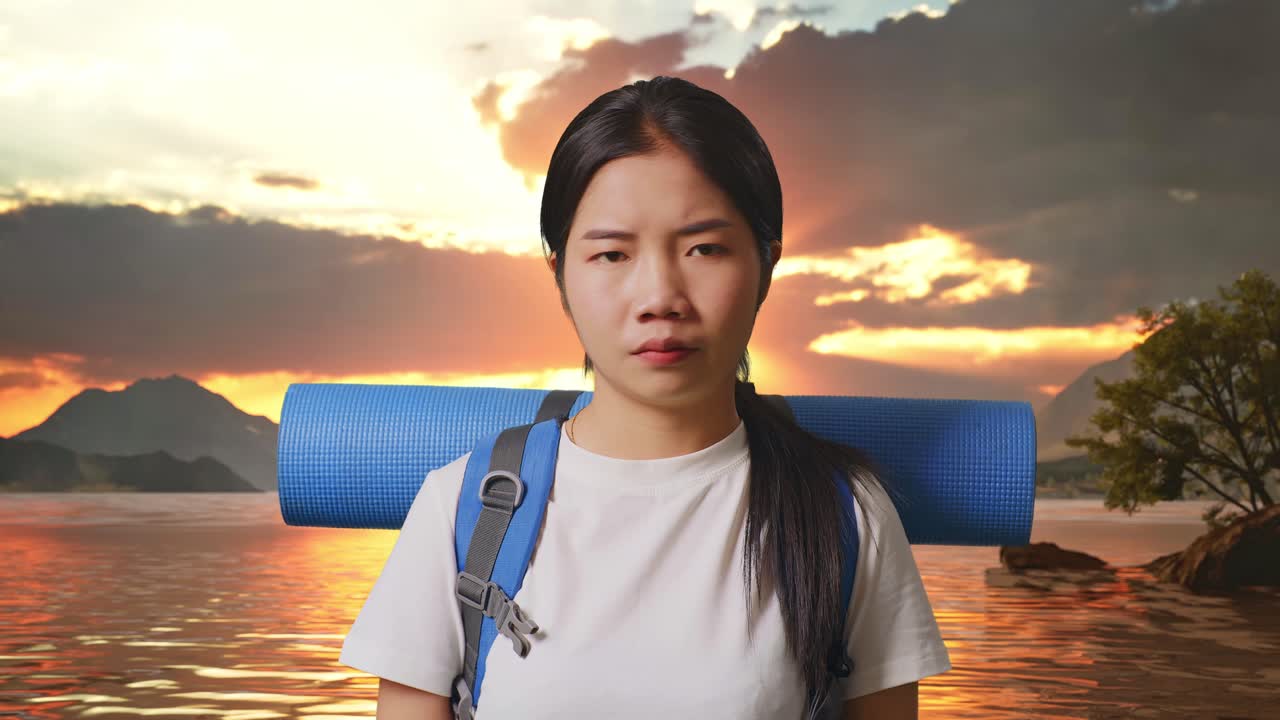 해가 지는 동안 여인 여행자