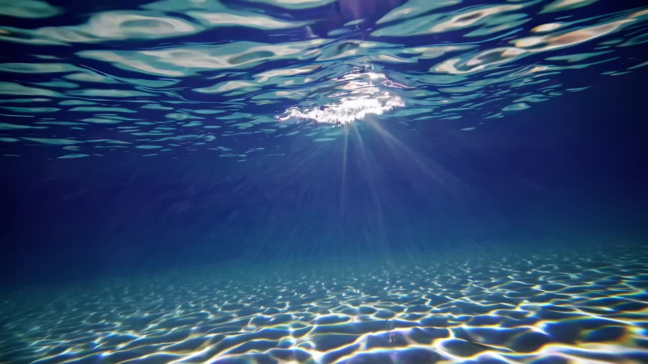 Escena de vídeo submarina con vista en ángulo bajo, que captura la luz del sol filtrándose a través del agua ondulante