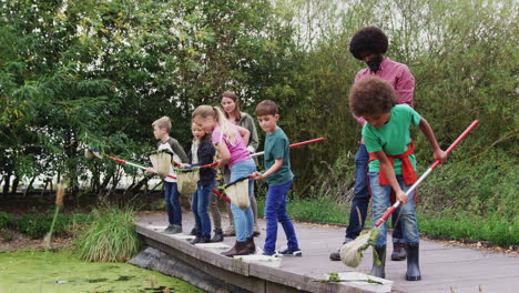 adult team leaders show group of children on outdoor activity camp how to catch and study pond life