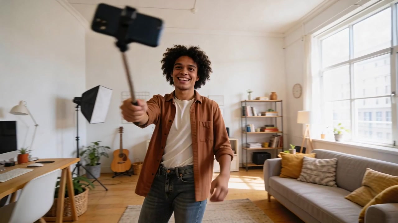 Inizio registrazione: uomo con camicia marrone che tiene il telefono su un'asta per selfie, cammina nello studio filmando
