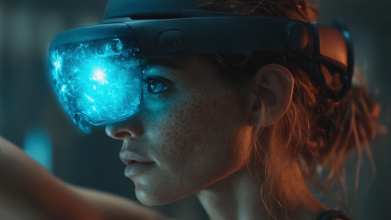 Un primo piano ipnotizzante di una giovane donna immersa nella realtà virtuale futuristica attraverso una tecnologia avanzata di visore, che mostra immagini digitali mozzafiato e coinvolgimento emotivo.
