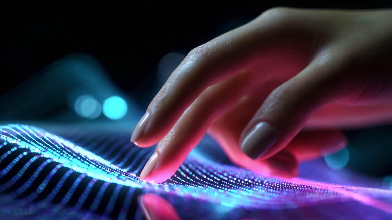 An Artistic Exploration of Digital Interaction: A Human Hand Gently Touches a Vividly Illuminated Surface, Creating an Intricate Display of Color and Light Representing Modern Technology and Connectivity