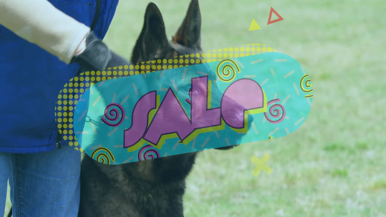 Dog with colorful Sale text animation overlay in outdoor setting