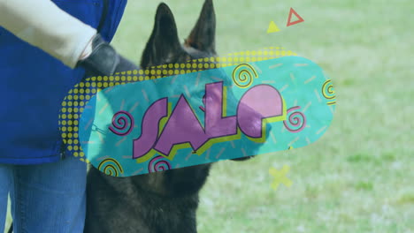 dog with colorful sale text animation overlay in outdoor setting