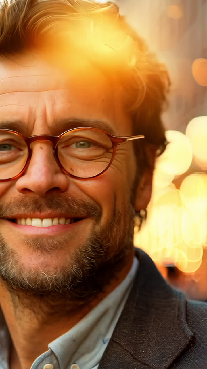 A man with glasses is smiling and wearing a blue jacket. He is standing in front of a building with a sign on it