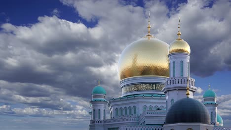 moscow cathedral mosque against the moving clouds, russia -- the main mosque in moscow, new landmark