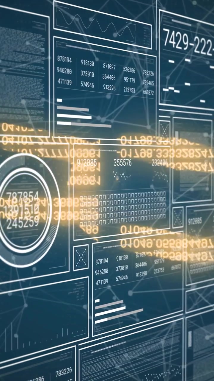Vertical video: Data wall pulsing as golden ribbon sweeping panels, revealing charts for tech Ops
