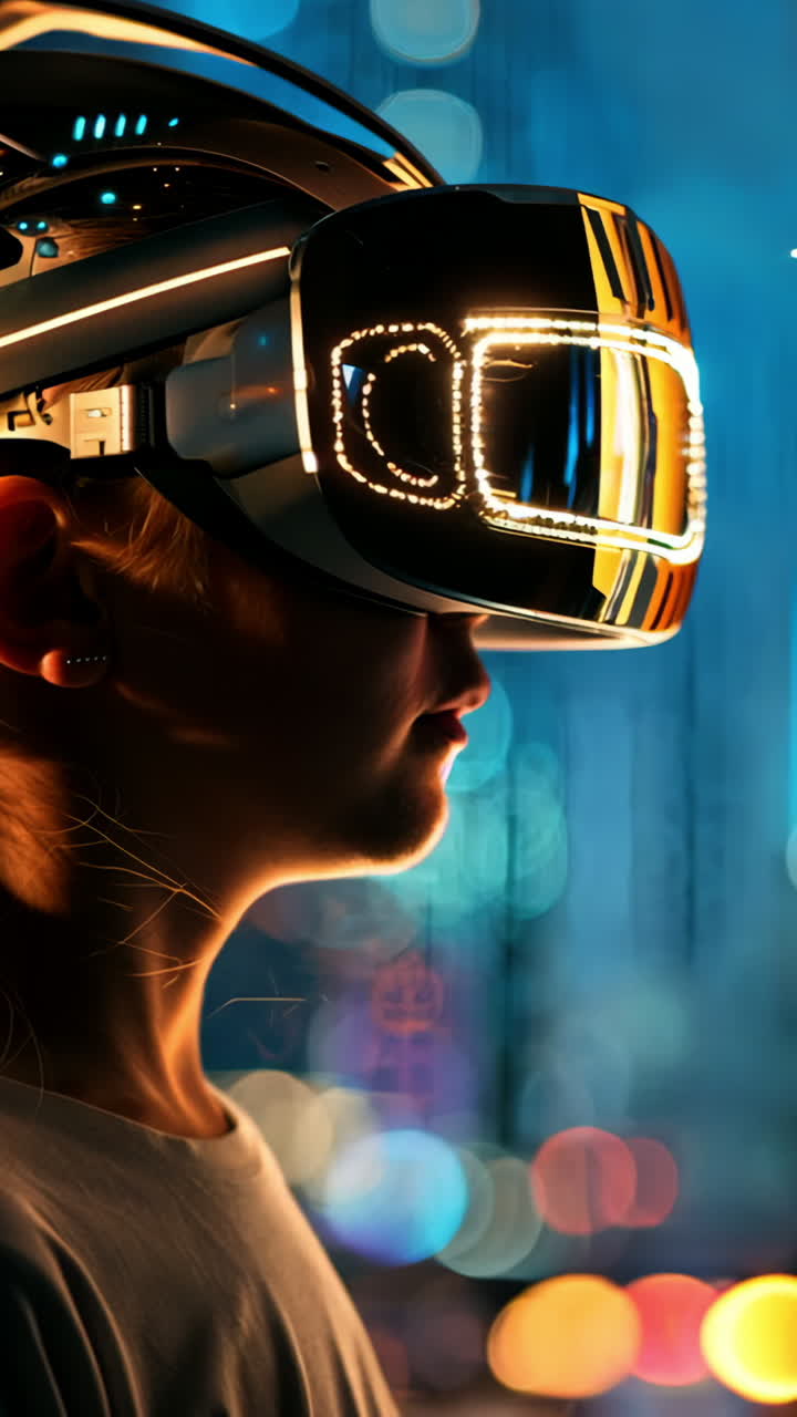 A girl wearing a virtual reality headset stands in front of a cityscape. The scene is illuminated by the lights of the city, creating a futuristic and otherworldly atmosphere