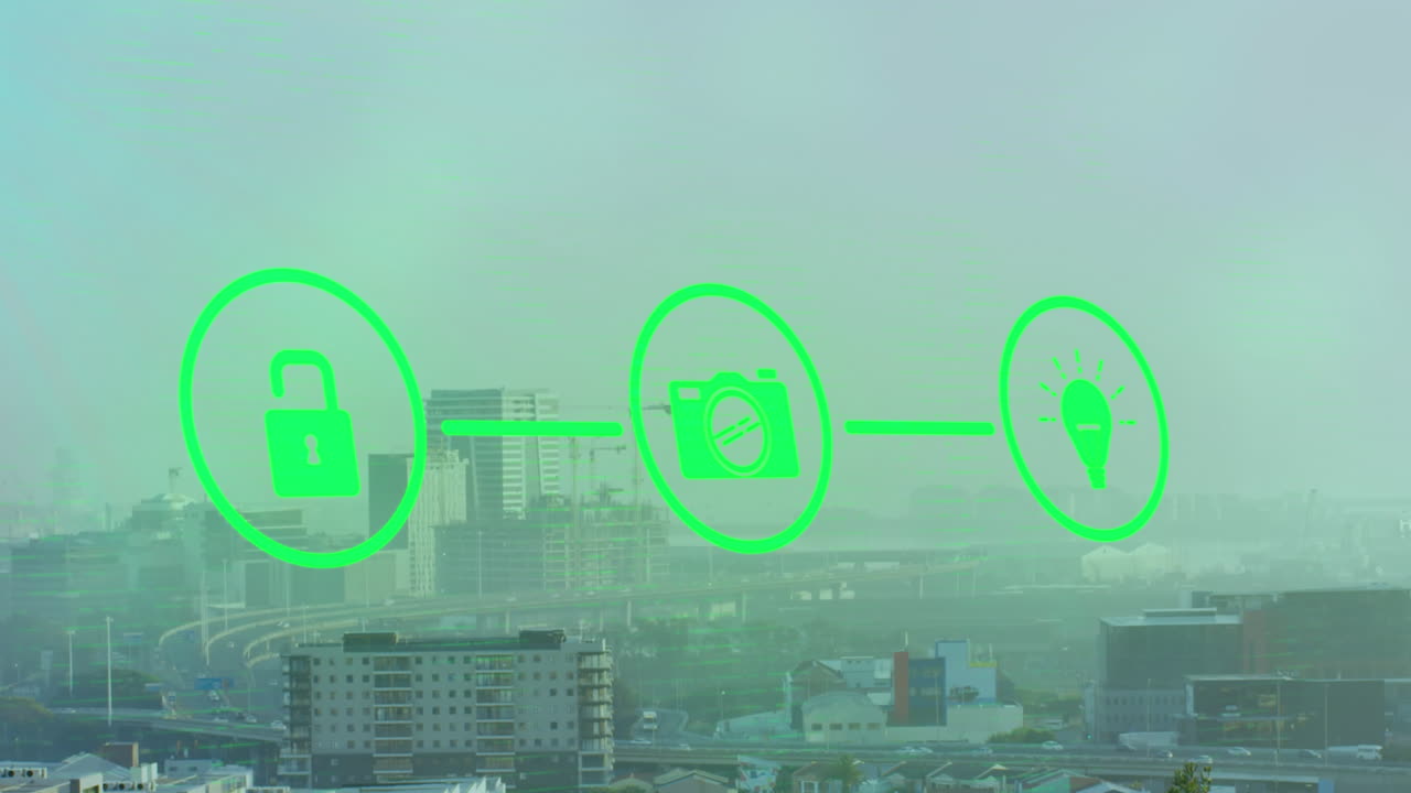 디지털 아이콘의 네트워크의 애니메이션 도시 풍경의 공중 뷰에 대하여