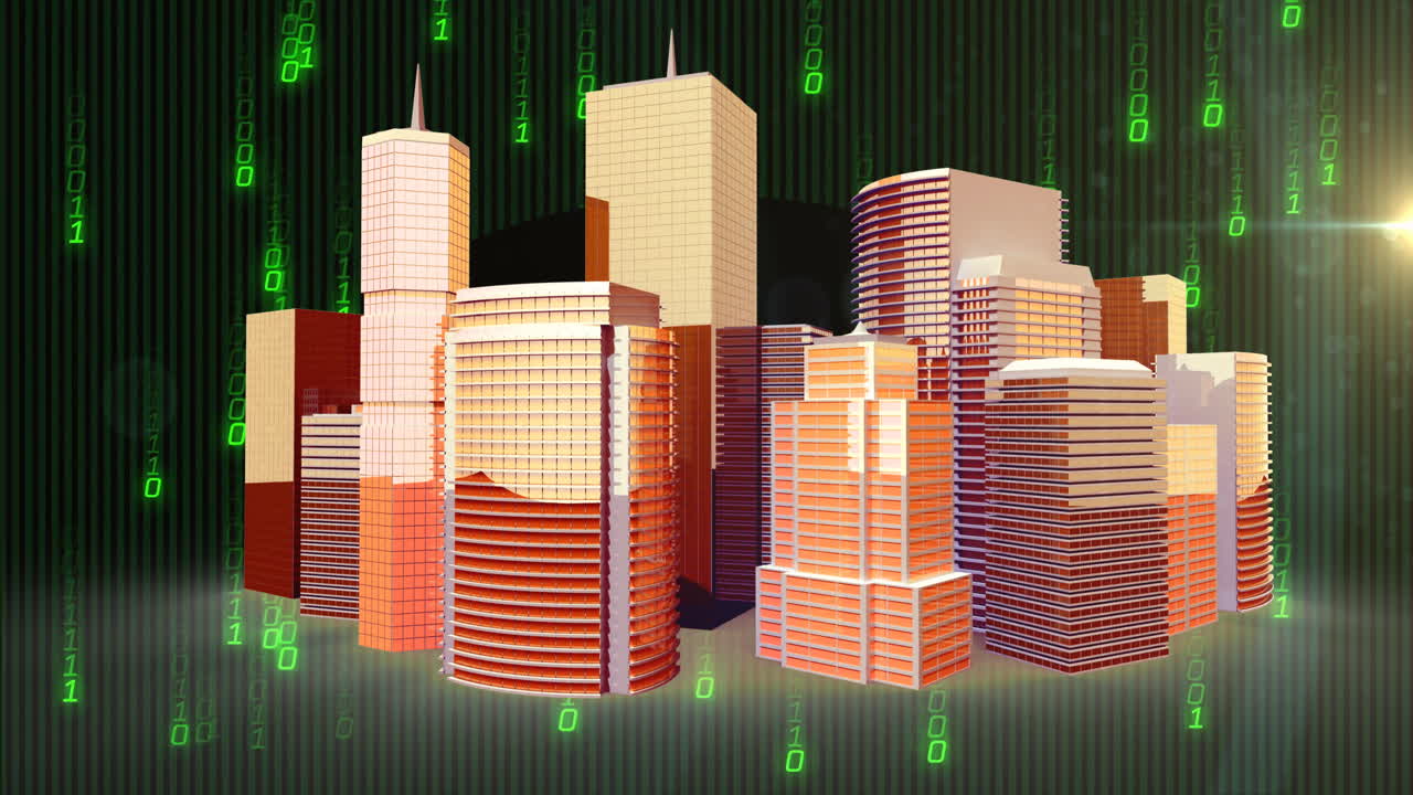 Animazione di codice binario, elaborazione di dati finanziari su paesaggio urbano