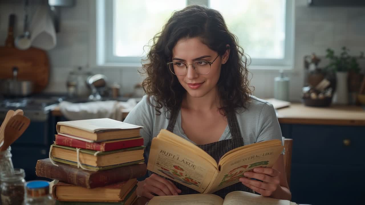 Vintage-Kochbuch, Frau mit lockigem Haar in Strickjacke und Schürze, die in der Küche ein Rezept auswählt