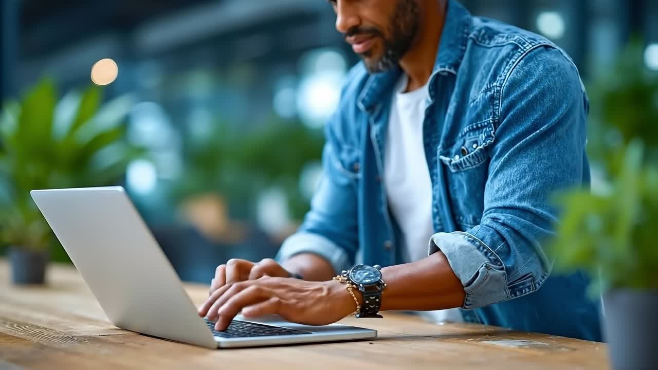 A man sitting at a table using a laptop computer