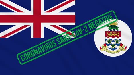 cayman islands swaying flag with green stamp of freedom from coronavirus, loop