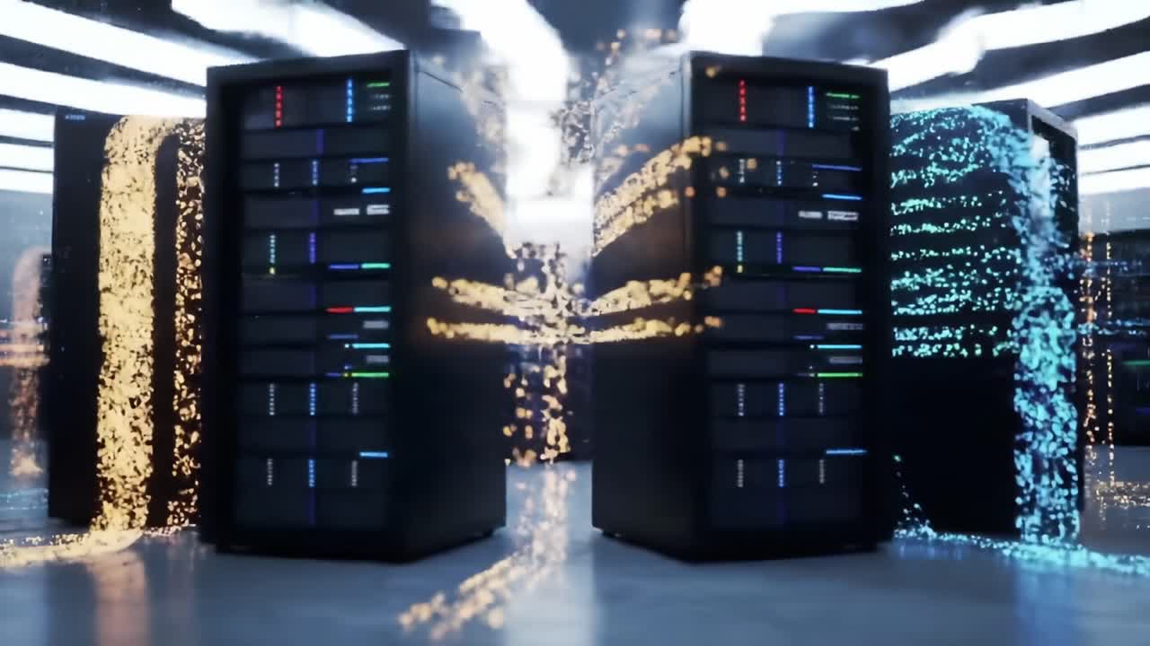 Dynamic Transformation of Data Storage Systems Showcased in Modern Server Room with vibrant light displays representing data flow and connectivity enhancements