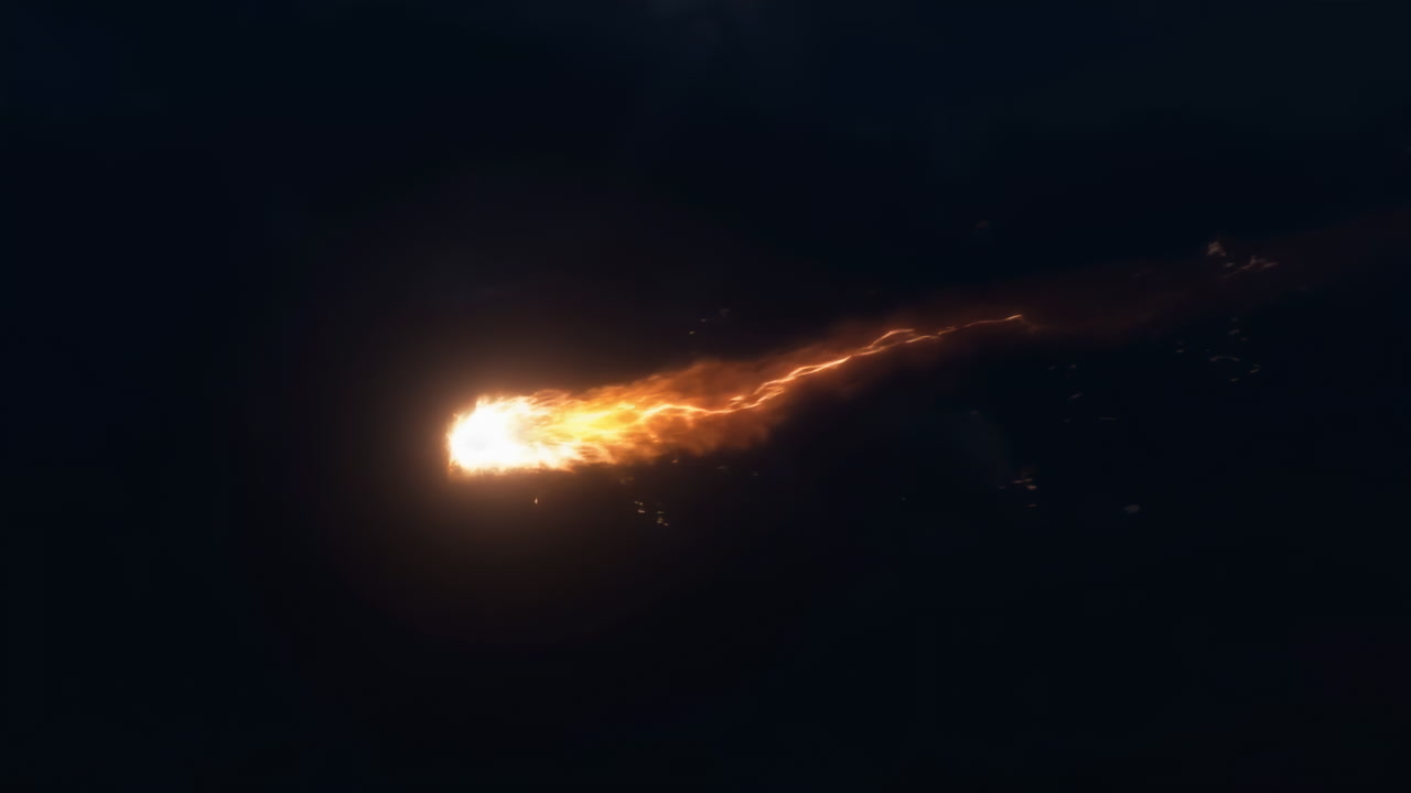 Fiery Meteor Streaking Across Night Sky, Blazing Core With Glowing Trail And Trailing Sparks, Atmospheric