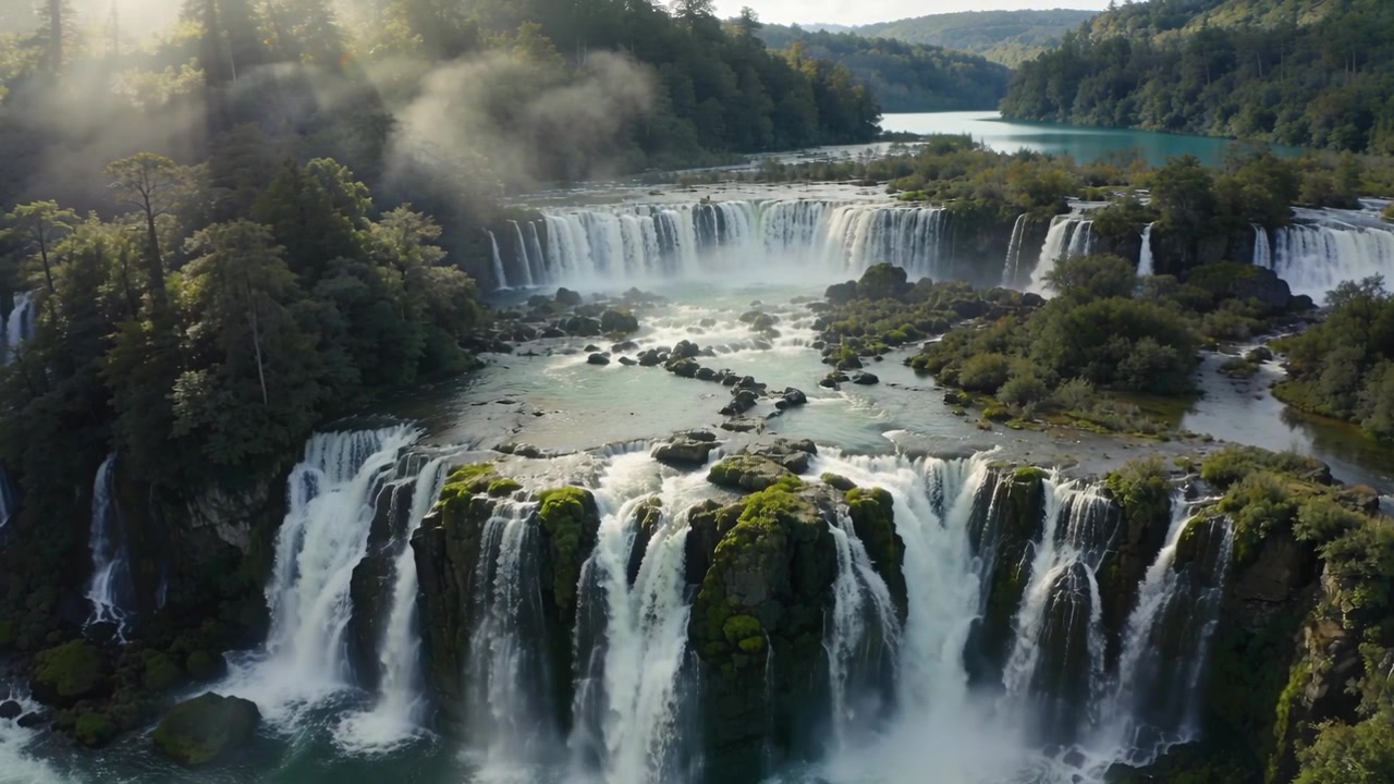 Drone che scende planando, rivelando una cascata a più livelli in un canyon fluviale con cascate impetuose.