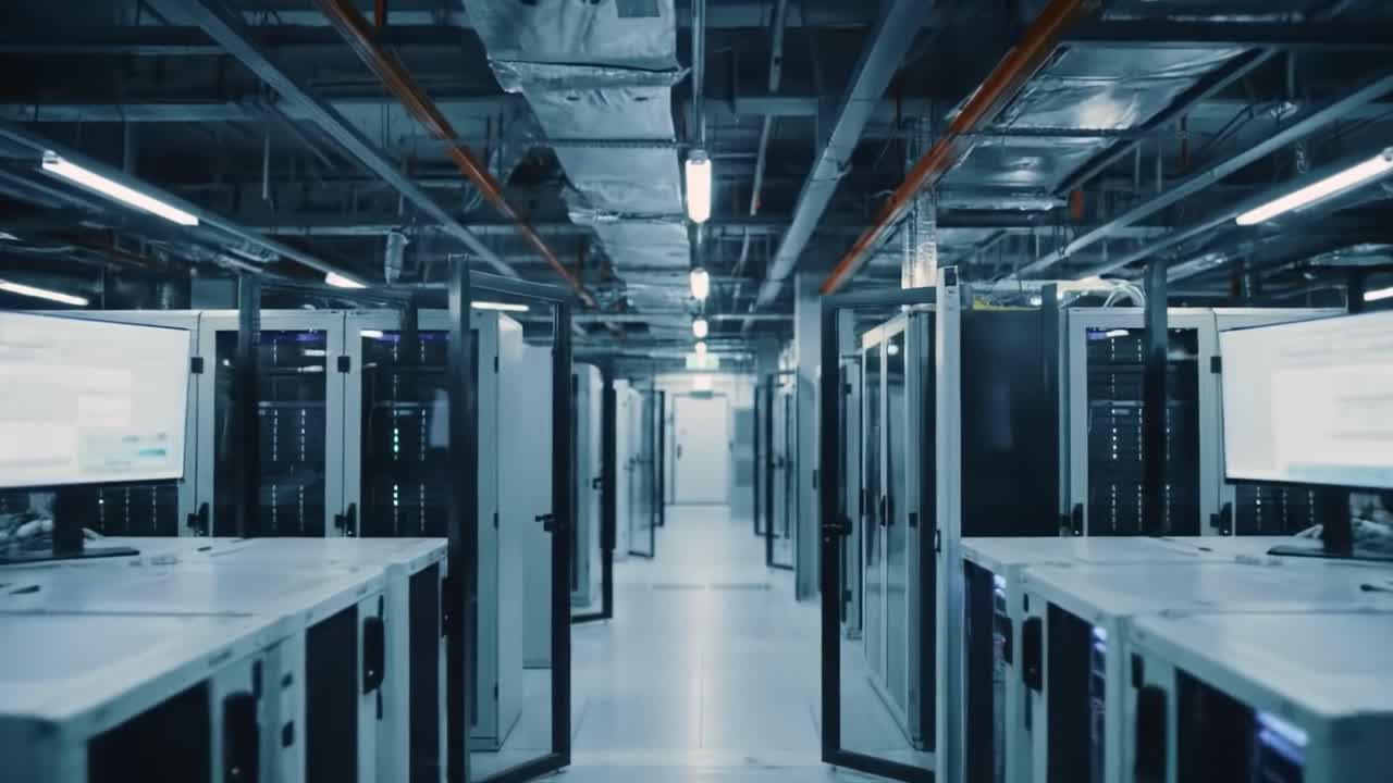 Exploring a Modern Data Center: A Glimpse into the Heart of Technology Infrastructure with Rows of Racks and Advanced Server Systems in a High-Tech Environment