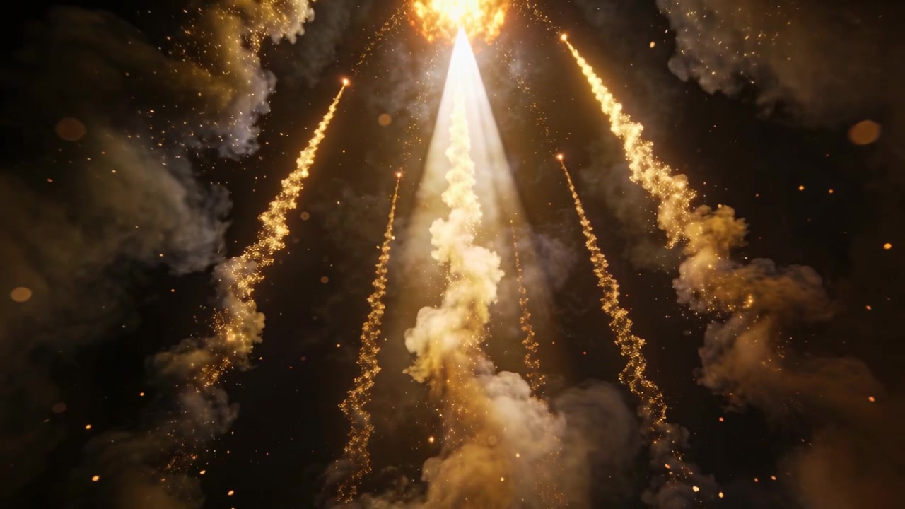Accensione che lancia scie di scintille dorate che si uniscono in un bagliore sotto un fascio di luce sul palco, sprigionando braci per lo spettacolo.