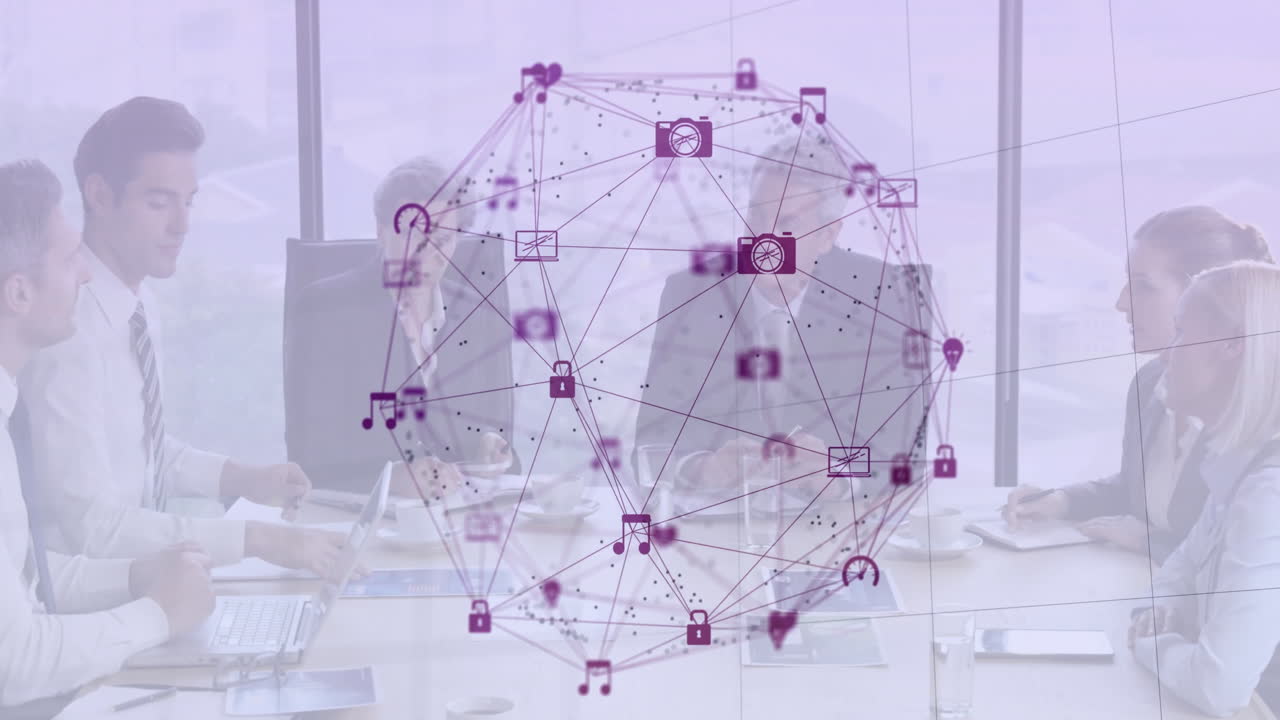 red de conexiones y animación de procesamiento de datos en reuniones de negocios en la oficina