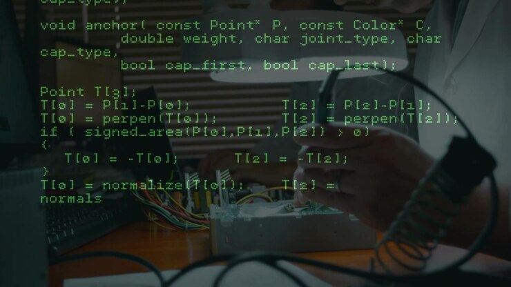 Animation of data processing over caucasian male scientist repairing