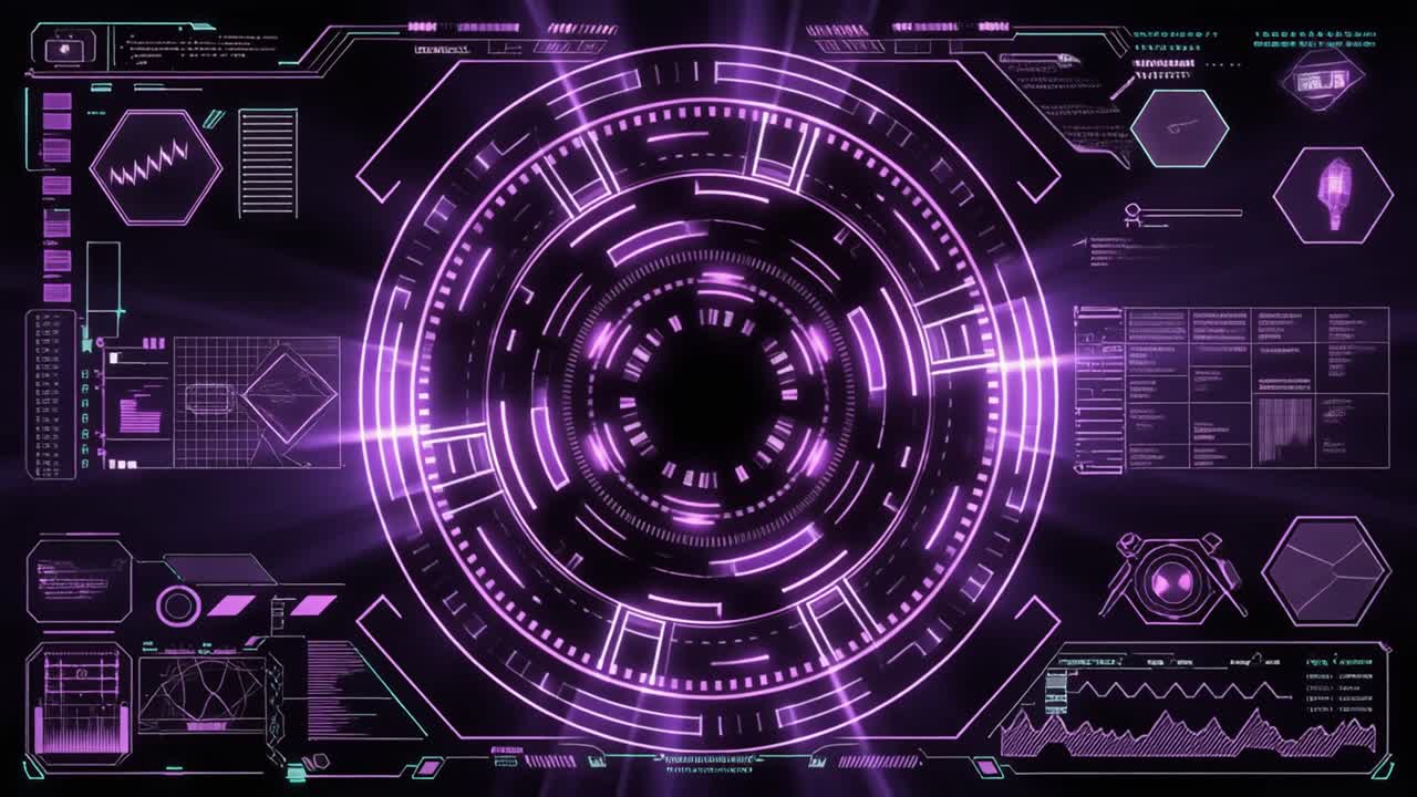 Futuristic Digital Interface with Glowing Purple HUD Elements