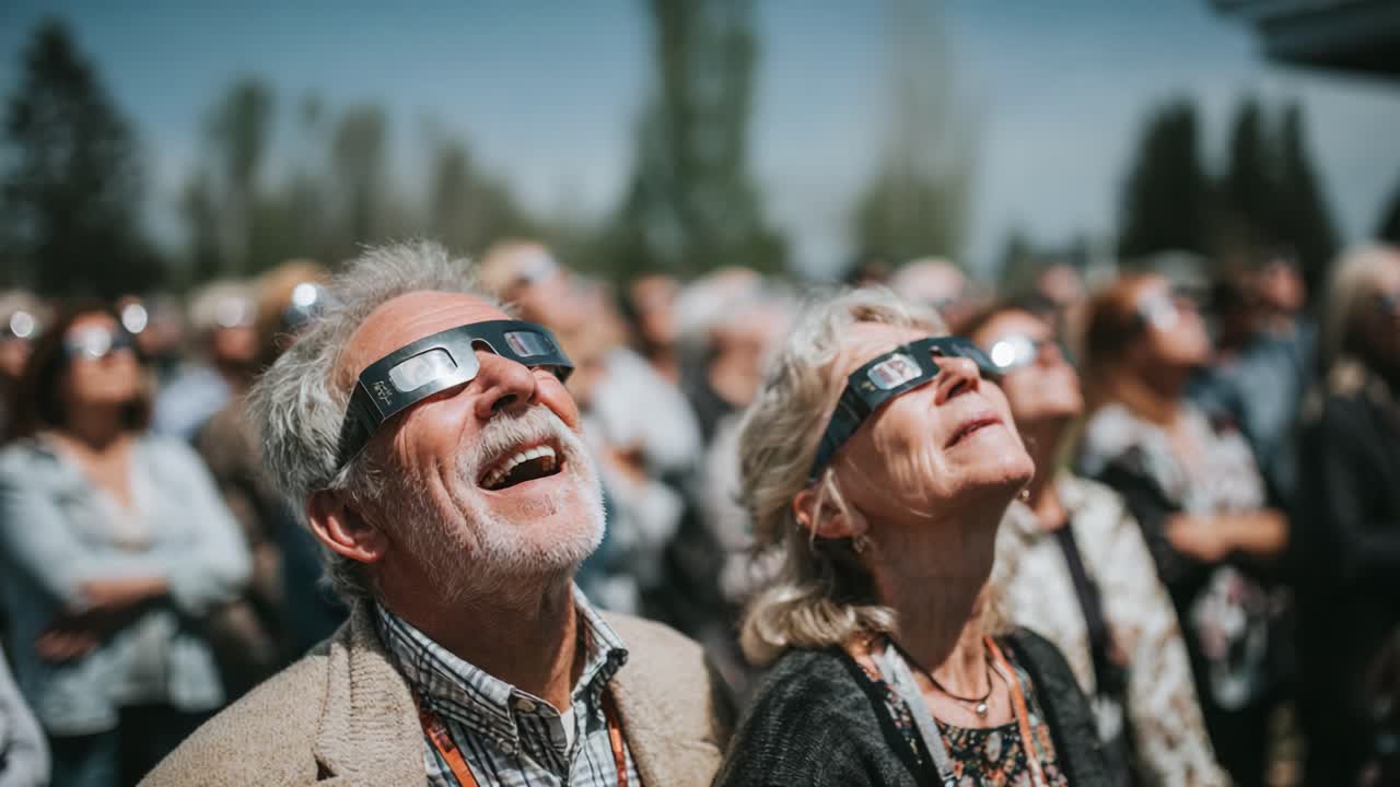 An Enthusiastic Crowd Gazes Upward During a Celestial Event, Wearing Special Glasses to Safely View the Spectacle Above