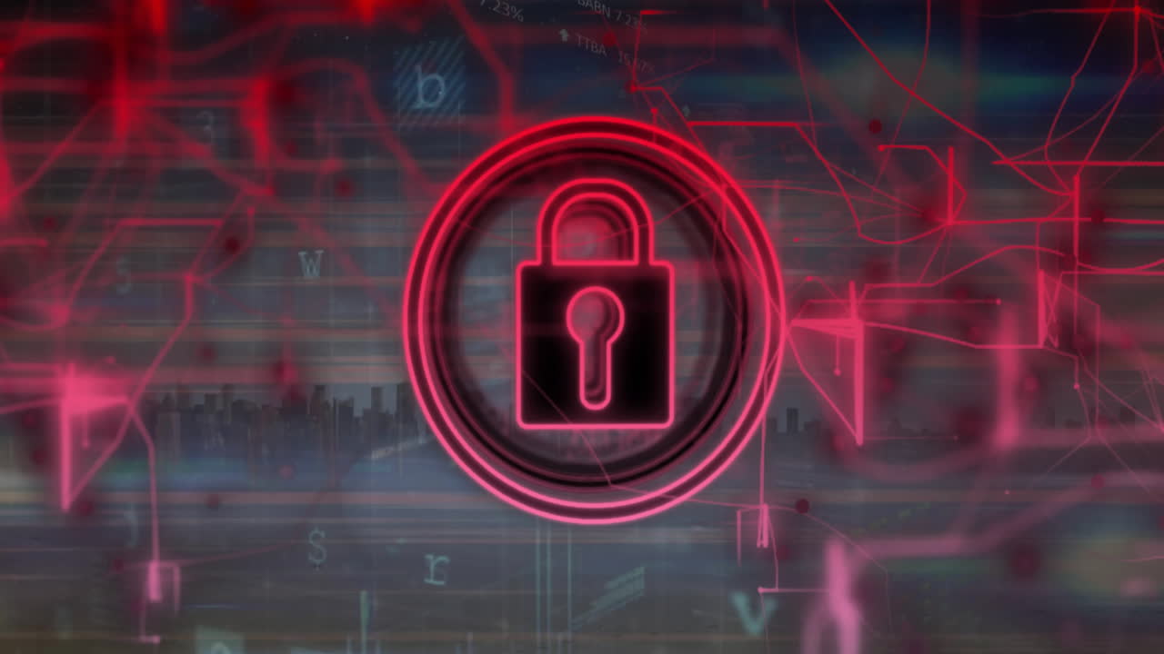 animación del icono del candado y procesamiento de datos sobre un fondo oscuro