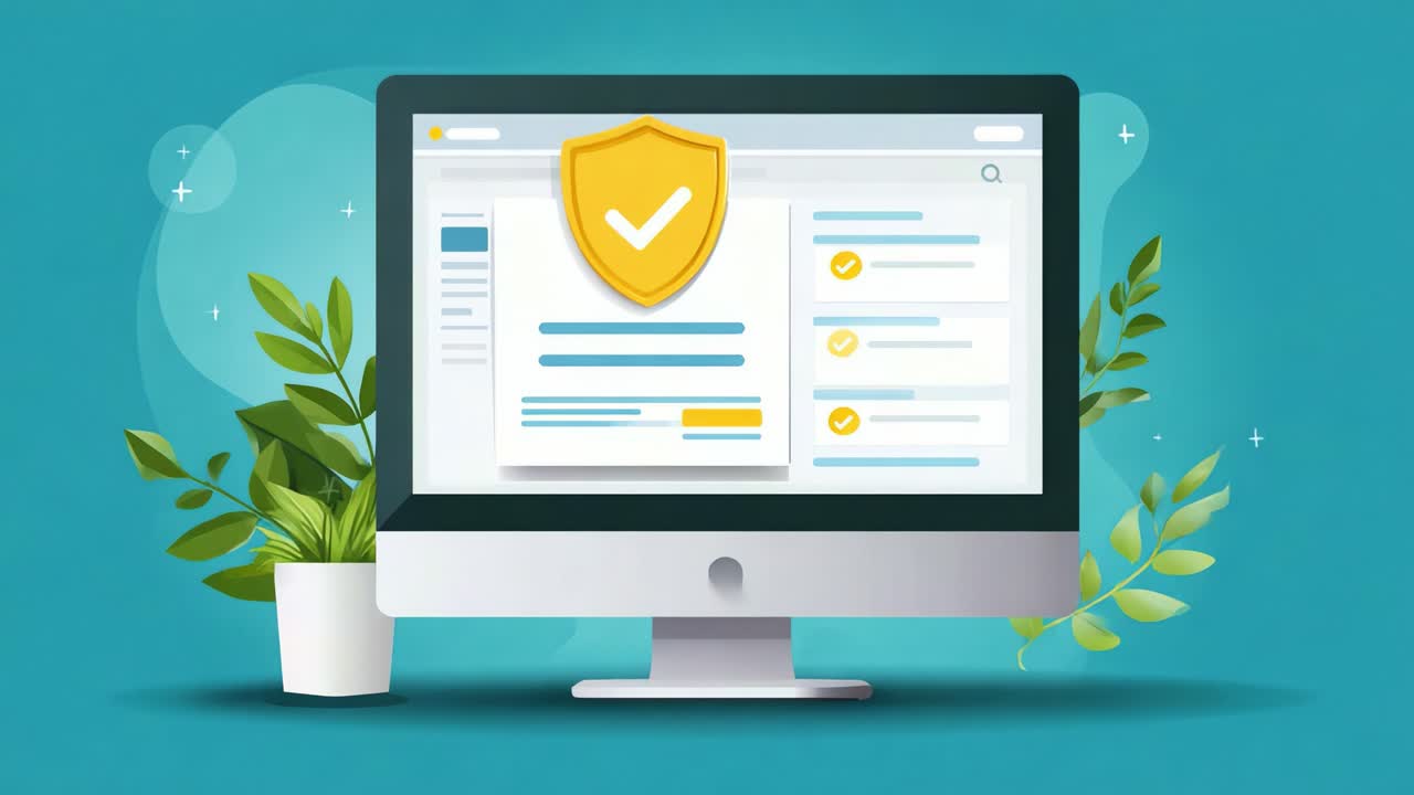 A modern computer screen displaying a secure interface, with a prominent checkmark badge symbolizing cybersecurity, surrounded by vibrant green plants and a soothing background