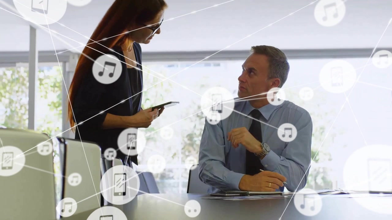 Animation of connected music and phone icons over caucasian woman talking with male manager