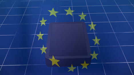 european union stars circling over tablet on blue grid background