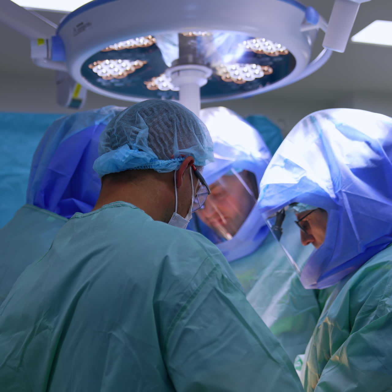 Un team di chirurghi professionisti circonda il tavolo operatorio. I medici collaborano a un intervento di chirurgia traumatologica