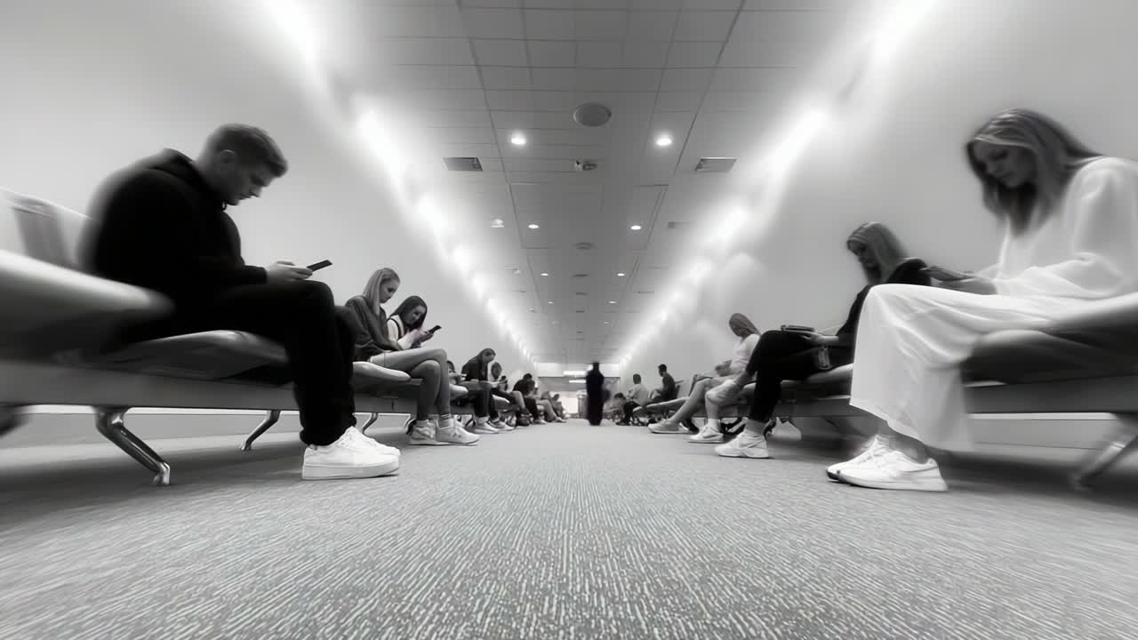 A Busy Waiting Area Captured in Monochrome - Reflecting Moments of Anticipation and Connection as People Sit Together Yet Alone in Their Thoughts