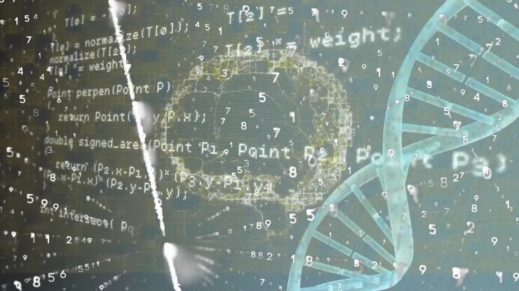 Animation of computer language over changing numbers, brain and dna helix on abstract background