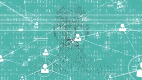 animation of network of connections with icons over data processing on green background