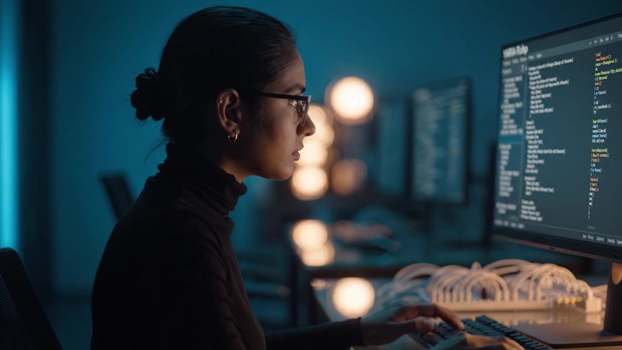 Focused Programmer Working on Code at Computer in a Dimly Lit Room, Engaged in Software Development with Multiple Screens Displaying Lines of Text and Data.