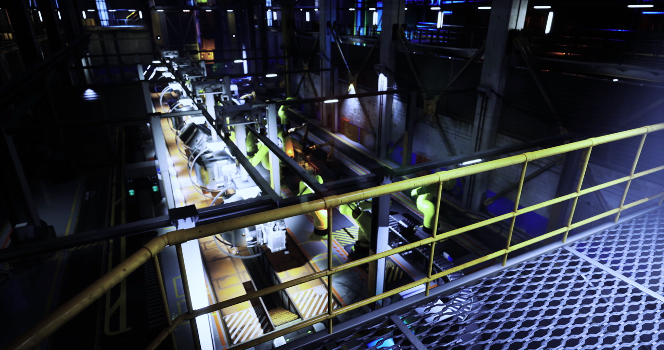 Industrial manufacturing process with illuminated machinery in a warehouse