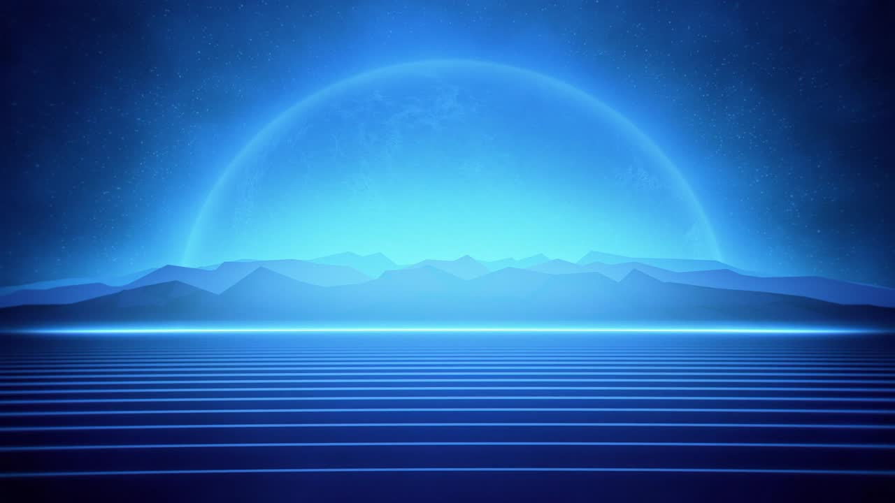 80년대 레트로 퓨처리스틱 블루 라인, 산, 반이는 행성